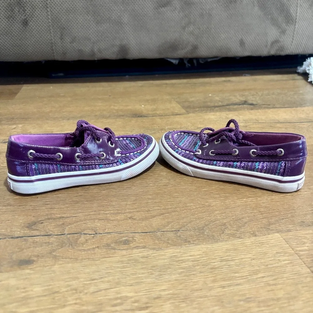 Girls Sperry Top Siders Bahama Purple Plum Sequin Boat Shoe Size 9.5 Sparkle‎